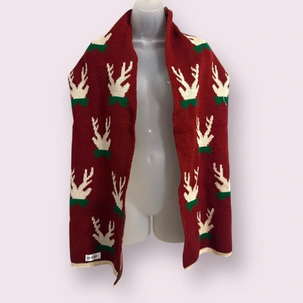 Holiday Knit Scarf Red Reindeer Pattern Winter Wrap OS